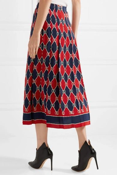 Shop Gucci Pleated Printed Silk Crepe De Chine Midi Skirt In Red