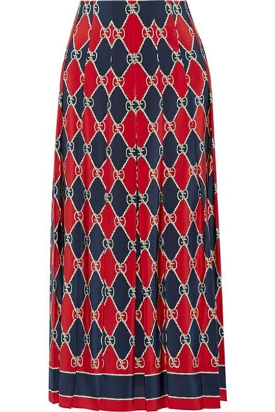 Shop Gucci Pleated Printed Silk Crepe De Chine Midi Skirt In Red