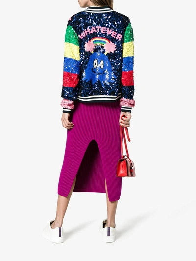 Shop Mira Mikati Sequin Bomber With Rainbow Sleeves In Blue