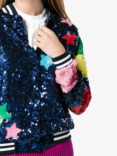 Shop Mira Mikati Sequin Bomber With Rainbow Sleeves In Blue
