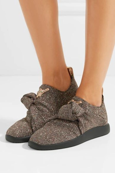 Shop Giuseppe Zanotti Natalie Glittered Stretch-knit Slip-on Sneakers