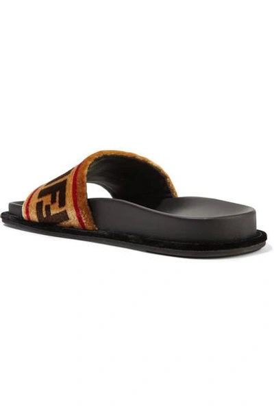 Shop Fendi Logo-print Velvet Slides In Tan