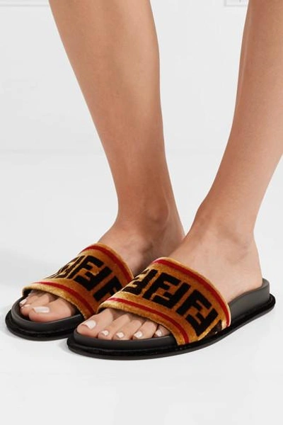 Shop Fendi Logo-print Velvet Slides In Tan