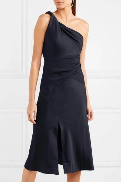 Shop Versace One-shoulder Gathered Satin And Crepe Midi Dress