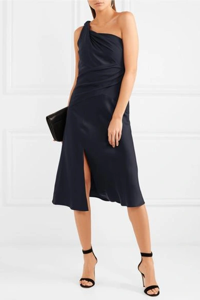 Shop Versace One-shoulder Gathered Satin And Crepe Midi Dress