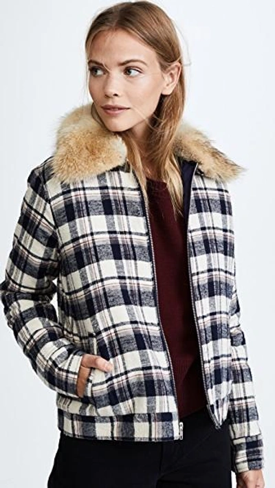 Shop Jenni Kayne Fur Flannel Zip Jacket In Navy/ivory/burgundy