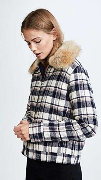 Shop Jenni Kayne Fur Flannel Zip Jacket In Navy/ivory/burgundy
