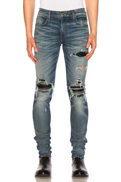 Shop Amiri Mx1 Leather Patch Skinny Jeans In Blue