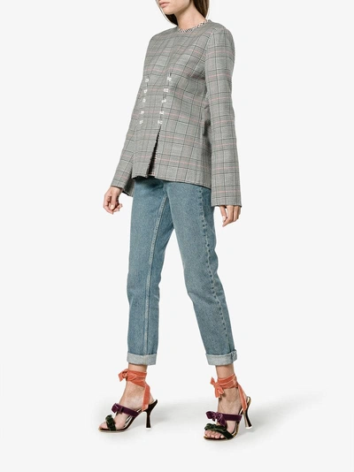Shop Rosie Assoulin Double Check Top With Flared Sleeves In Grey