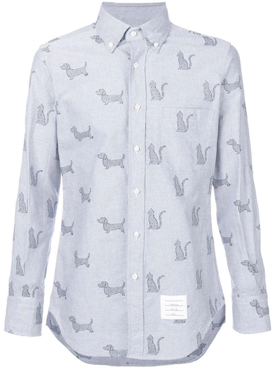 Shop Thom Browne Long Sleeve Button Down Shirt With 'thom Cat' And Hector Embroidery In Blue Oxford