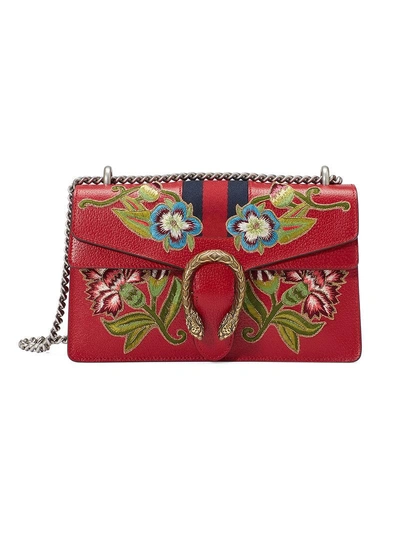 Shop Gucci Dionysus Embroidered Leather Shoulder Bag In Red