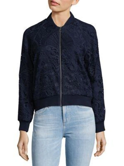 Shop Alice And Olivia Embroidered Bomber Jacket In Sapphire