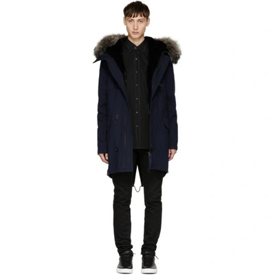 Yves Salomon Navy Fur-lined Hooded Parka | ModeSens