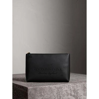 Shop Burberry Large Embossed Leather Zip Pouch In Black