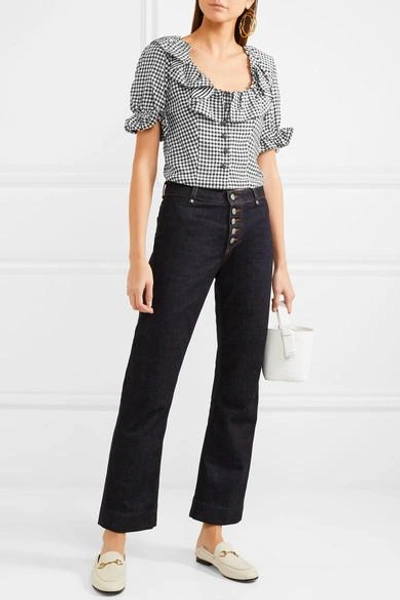 Shop Alexa Chung Cropped Ruffled Gingham Crepe Top In Black