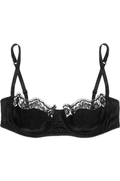 Shop Dolce & Gabbana Lace-trimmed Stretch-silk Satin Balconette Bra In Black