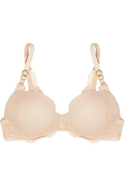 Shop Stella Mccartney Smooth & Lace Stretch-crepe And Lace Contour Plunge T-shirt Bra In Beige