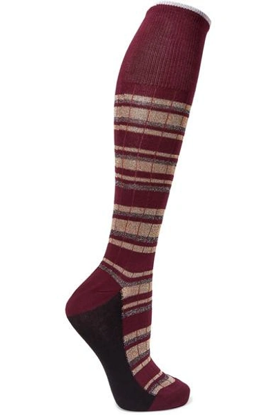 Shop Marni Metallic Striped Cotton-blend Socks In Burgundy