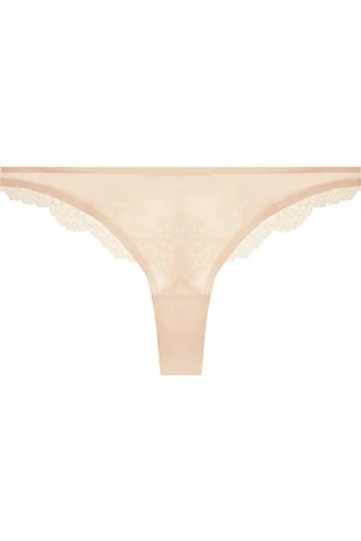 Shop Stella Mccartney Smooth & Lace Stretch-jersey And Lace Thong In Beige