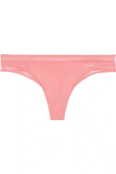 Shop Calvin Klein Underwear Naked Touch Tulle-trimmed Stretch-satin Thong In Baby Pink