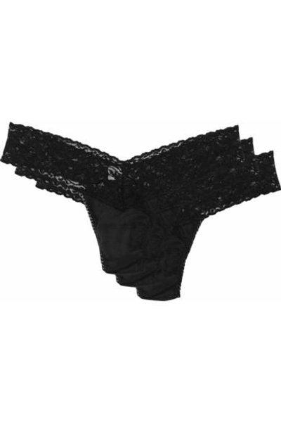 Shop Hanky Panky Set Of Three Stretch-lace And Cotton Thongs In Black