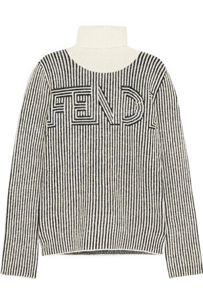 Shop Fendi Striped Knitted Turtleneck Sweater In Black