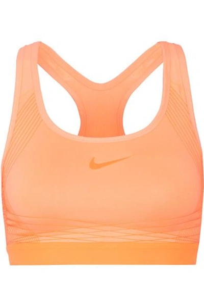Shop Nike Pro Hyper Mesh-trimmed Dri-fit Stretch-jersey Sports Bra In Orange
