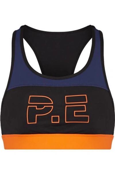 Shop P.e Nation For The Count Color-block Printed Stretch Sports Bra In Black