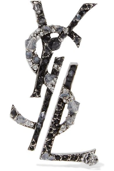Shop Saint Laurent Ruthenium-plated, Crystal And Enamel Clip Earrings In Gunmetal