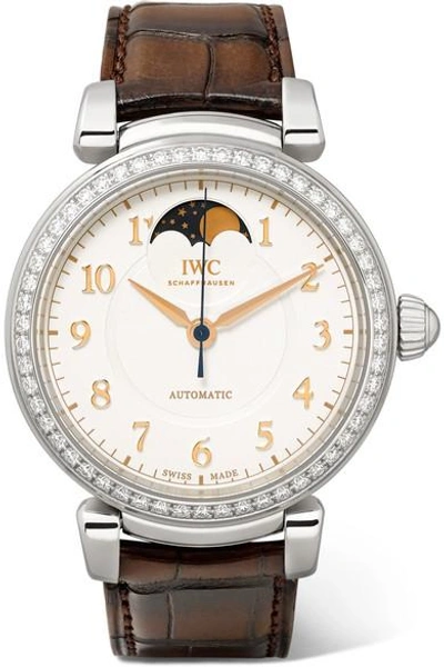 Shop Iwc Schaffhausen Da Vinci Automatic Moon Phase 36 Alligator, Stainless Steel And Diamond Watch In Silver