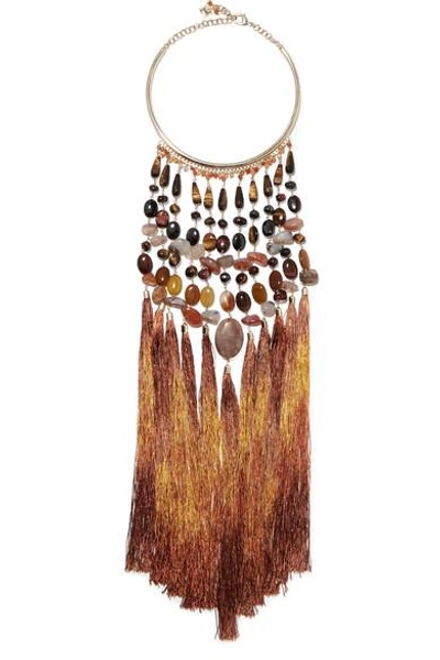 Shop Rosantica Rum Tasseled Gold-tone Beaded Necklace In Brown