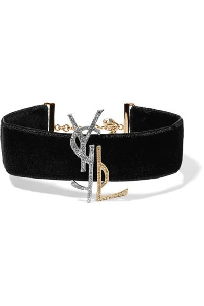 Shop Saint Laurent Velvet, Gold And Silver-tone And Crystal Choker