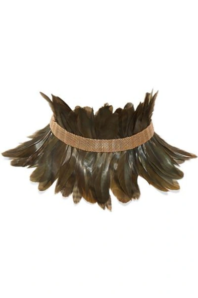 Shop Rosantica Selva Gold-tone Feather Choker In Green