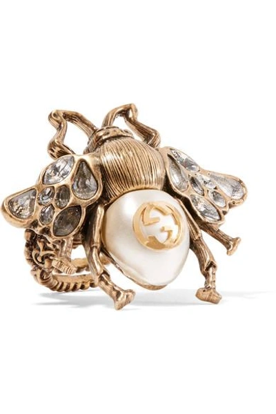 Shop Gucci Burnished Gold-tone, Faux Pearl And Crystal Ring