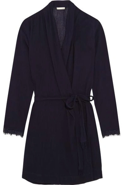 Shop Skin - Lace-trimmed Cotton-gauze Robe - Midnight Blue