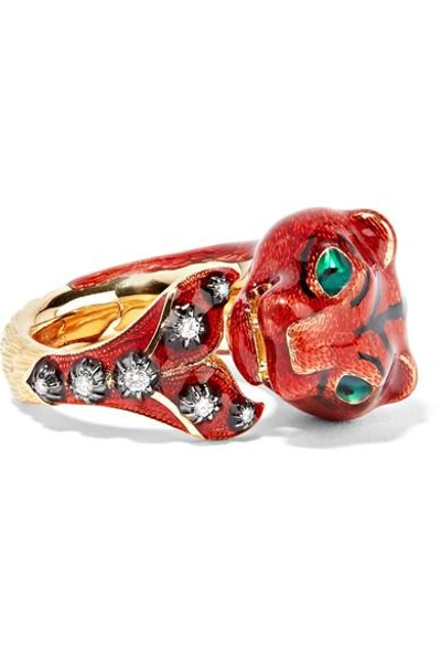 Shop Gucci 18-karat Gold, Diamond And Enamel Ring