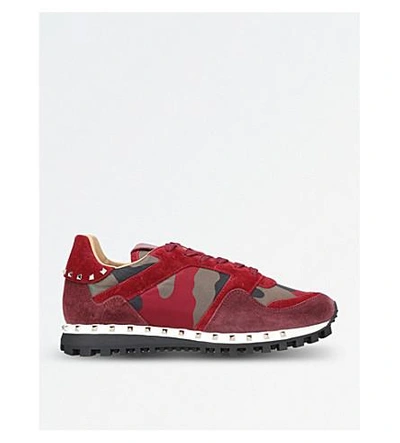 Shop Valentino Rockstud Studded Camo Suede Trainers In Red Comb