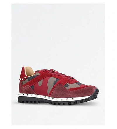 Shop Valentino Rockstud Studded Camo Suede Trainers In Red Comb
