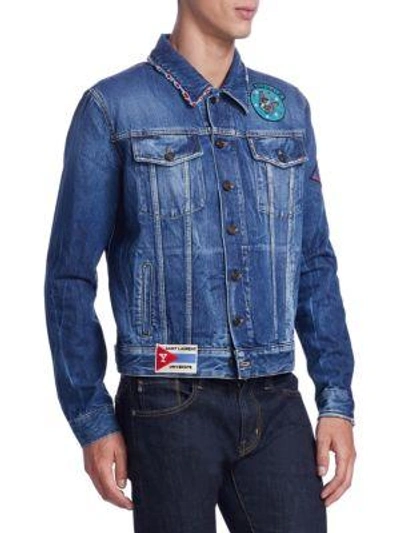 Shop Saint Laurent Patches Denim Jacket In Blue