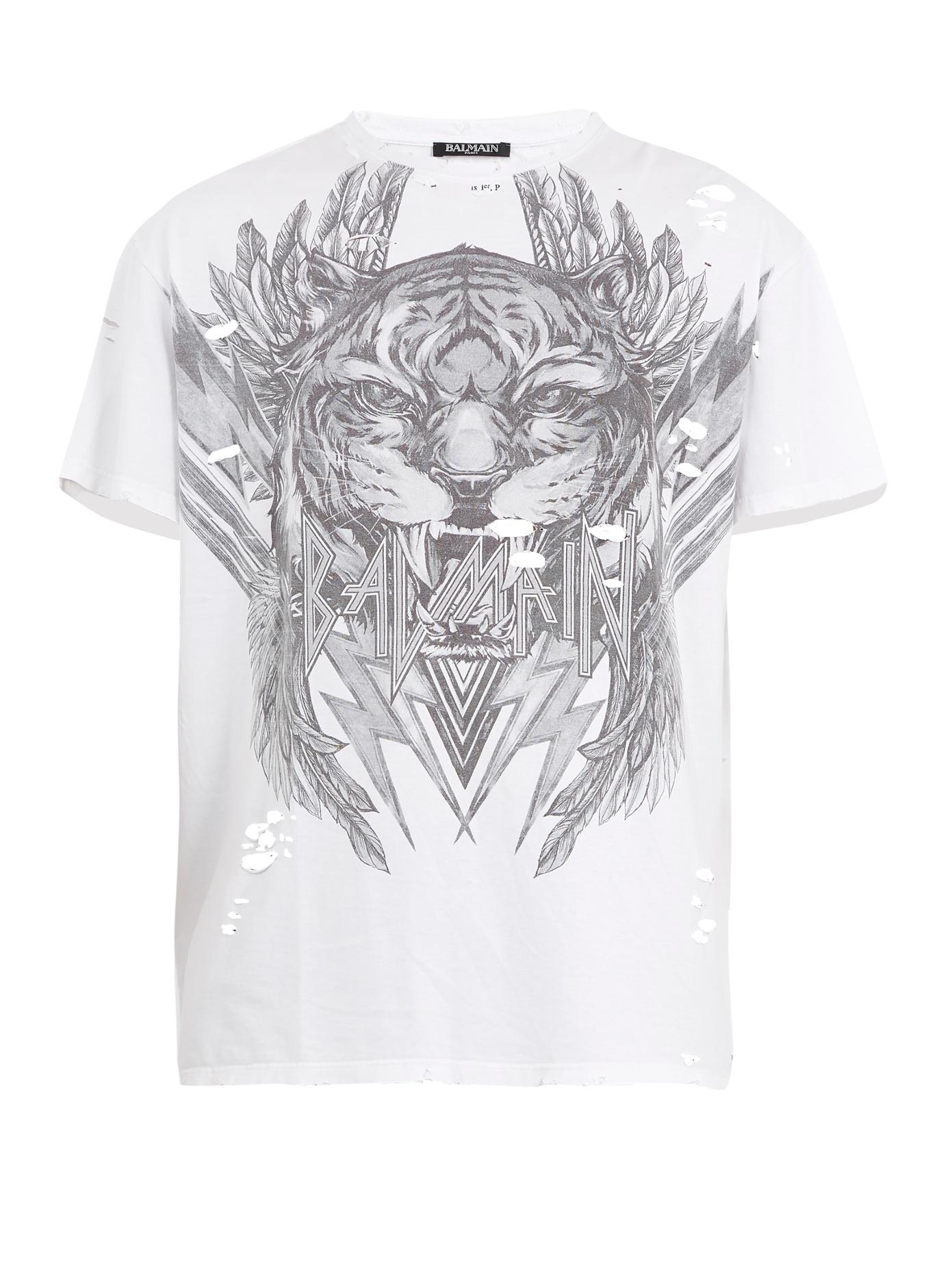 Balmain Distressed Tiger-print Cotton T-shirt In Multi | ModeSens