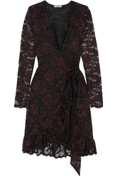 Shop Ganni Flynn Lace Wrap Mini Dress In Burgundy