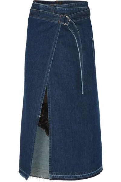 Shop Sacai Lace And Satin-trimmed Denim Wrap Skirt