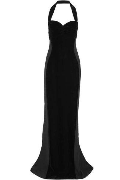 Shop Stella Mccartney Ruched Velvet And Cady Halterneck Gown In Black