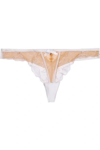 Shop Elle Macpherson Body Gee Embroidered Tulle And Stretch-silk Satin Thong In Beige