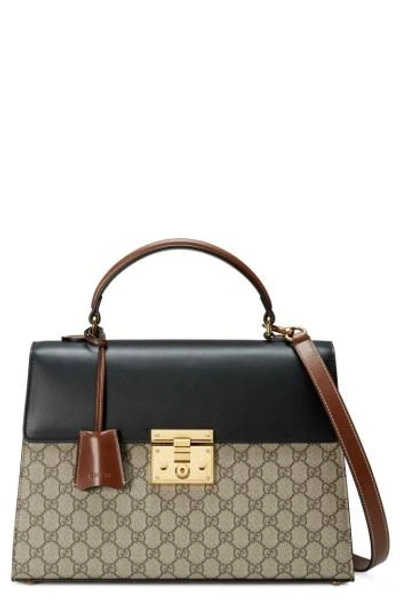 Shop Gucci Medium Padlock Top Handle Gg Supreme Canvas & Leather Bag - None In Beige Ebony/nero/cuir