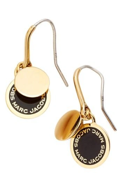 Shop Marc Jacobs Enamel Logo Disc Drop Earrings In Black/ Gold
