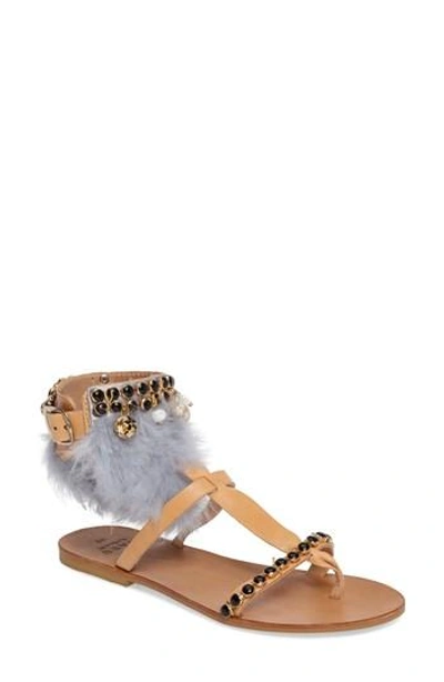 Shop Mabu By Maria Bk Women's  Aten Grey Feathered Sandal In Tan/ Blue Feather