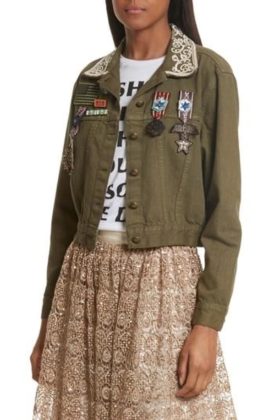 Shop Alice And Olivia Chloe Embellished Crop Military Jacket In Army