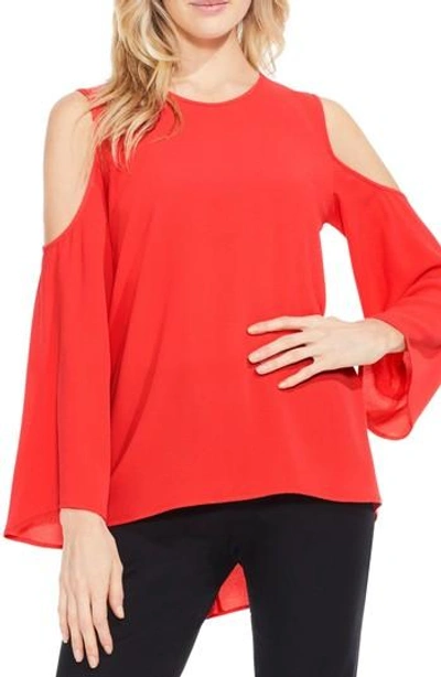 Shop Vince Camuto Petite Women's  Bell Sleeve Cold Shoulder Blouse In Bright Crimson