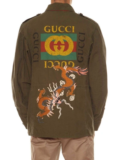 Shop Gucci Jacket With Print And Embroidery In Military Green-multi